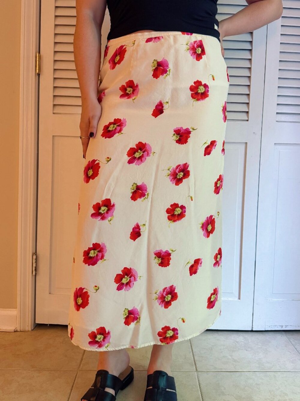 vintage cream pink floral spring silky maxi skirt